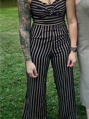 Deep Navy & Yellow Stripe Wide-Leg Jumpsuit